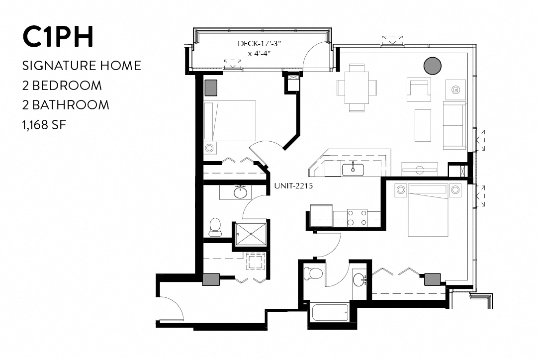 Floor plan for 2 beds, 2 baths, 1134 sqft